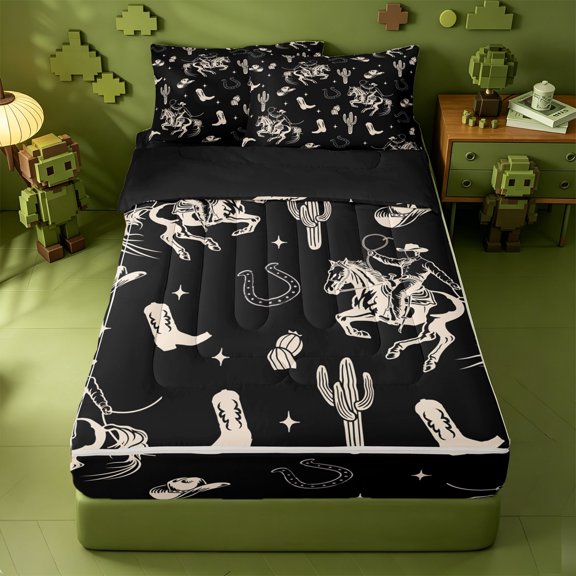 Homewish Pure Black Western Cowboy Silhouette Zipper Queen Comforter Set with Fitted Sheet and 2 Pillowcases,Desert Cactus Retro Western Zipper Bedding Set For Boys,Black Reversible,4-Piece