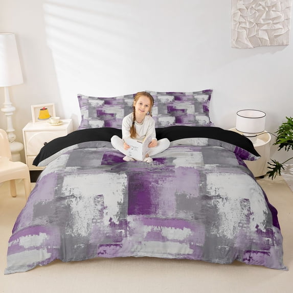 Homewish Purple Abstract Grid Duvet Cover Queen,Vintage Artwork Queen Bedding,Black Reversible,3-Piece,1 Duvet Cover and 2 Pillowcases