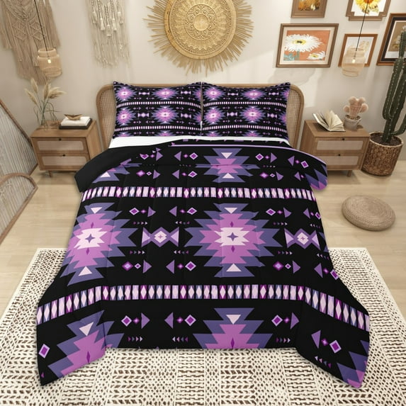 Homewish Purple Aztec Full Size Comforter Sets, Bohemian Geometric Bedding Comforter Set, Rustic Lodge Cabin Farmhouse Bedding Sets, Super Cozy Room Decor