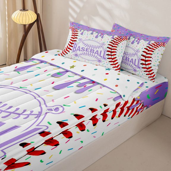 Homewish Purple Baseball Kids Zipper Twin Comforter Sets with Fitted Sheet and 2 Pillowcases, Ice Cream Drip Zipper Bedding Set, Polka Dots Reversible, 4-Piece