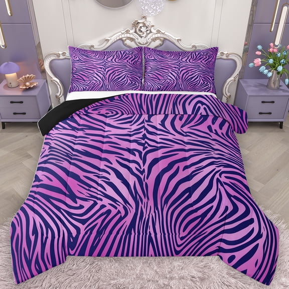 Homewish Purple Black Queen Comforter Set,Jungle Zebra Pattern Bedding Sets,Modern Aesthetic Art Bedding Comforter Set For Teens,Luxury Bedroom Decor Reversible,3pcs