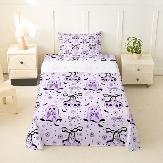 Homewish Purple Bow Ghost Print Twin Sheets for Kids, Skull Daisy Bat Flower Bedding, 3 Pieces, 1 Flat Sheet, 1 Fitted Sheet and 1 Pillowcase