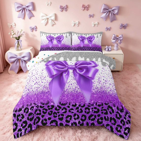Homewish Purple Bow-Tie Queen Comforter Set for Girls, Bling Leopard Print Comforter Sets Queen, Polka Dots Reversible, 3pcs 1 Comforter and 2 Pillowcases