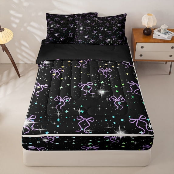 Homewish Purple Bowknot Zipper Full Size Comforter Sets with Fitted Sheet and 2 Pillowcases,Watercolor Cute Rhombus Pattern Zipper Bedding Set For Kids Girl,Black Reversible,4 Pieces