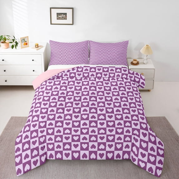 Homewish Purple Buffalo 3 Pieces Queen Comforter Set For Children Teens Adults,Mid Century Geometric Ultra Soft Bedding Sets,Love Heart Print Bedding Comforter Set,Luxury Bedroom Decor,Reversible