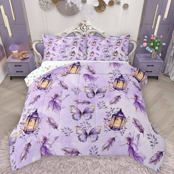 Homewish Purple Butterflies 2pcs Bedding Comforter Set For Children Kids Teens,Dreamy Princess Twin Comforter Sets,Kawaii Fairy Breathable Bedding Set,Luxury Bedroom Decor,Reversible