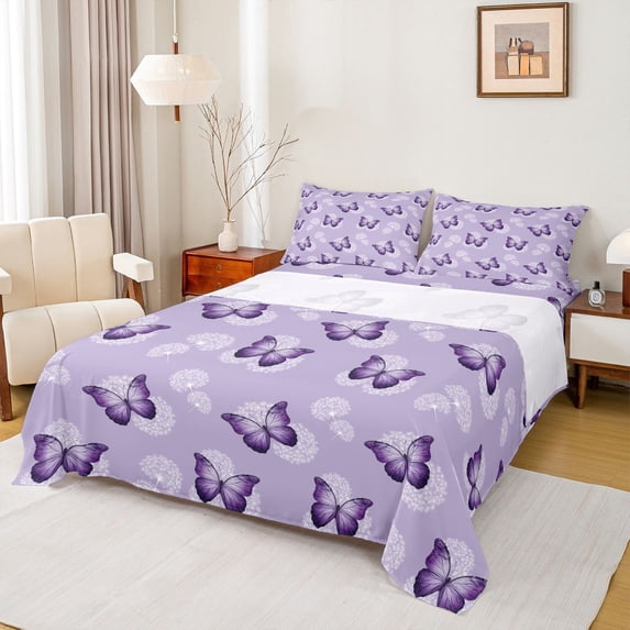 Homewish Purple Butterflies Floral Dandelion Dreamy Princess 4pcs Bed Sheets for Girls, King Size Lightweight Sheet Set
