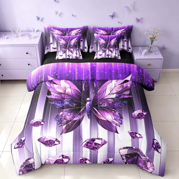 Homewish Purple Butterfly Twin Bedding, Diamonds Glitters Print Bedding Comforter Set, Black Reversible, 7pcs