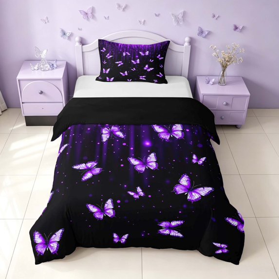 Homewish Purple Butterfly Twin Duvet Cover for Girls, Glitter Stars Twin Bedding, Black Reversible, 2 Pieces 1 Duvet Cover and 1 Pillowcase