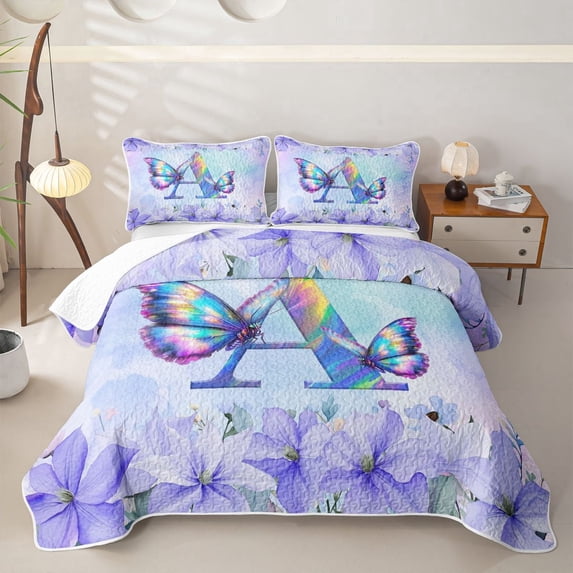 Homewish Purple Butterfly Twin Quilt Set For Girls,Garden Flower Floral Twin Coverlet Set,Initial A,2 Pieces