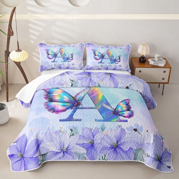 Homewish Purple Butterfly Twin Quilt Set For Girls,Garden Flower Floral Twin Coverlet Set,Initial A,2 Pieces