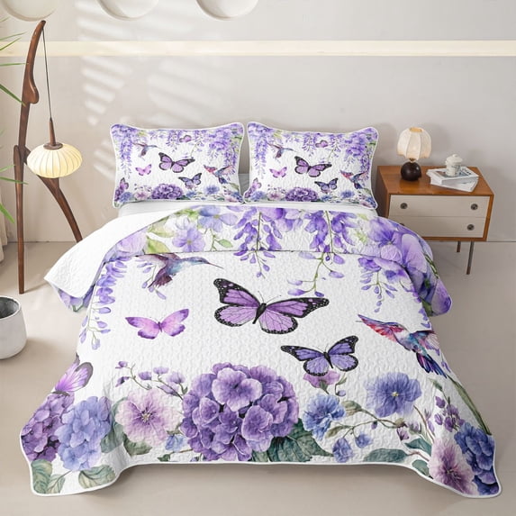 Homewish Purple Butterfly Twin Quilt Set For Girls,Hydrangea Flower Twin Coverlet Set,2pcs