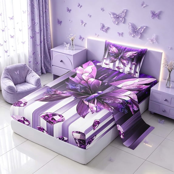 Homewish Purple Butterfly Twin Sheets, Diamonds Glitters Print Bedding, 3pcs (1 Flat Sheet, 1 Fitted Sheet and 1 Pillowcase)
