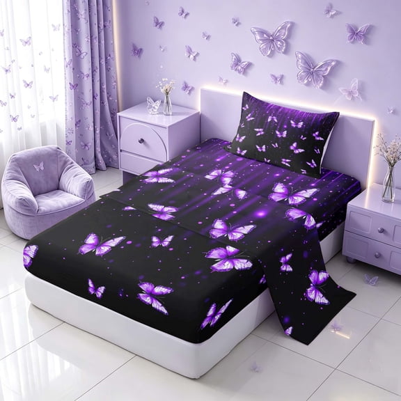 Homewish Purple Butterfly Twin Sheets for Girls, Glitter Stars Bedding, 3 Pieces (1 Flat Sheet, 1 Fitted Sheet and 1 Pillowcase)