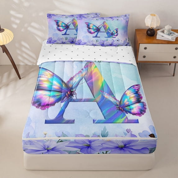 Homewish Purple Butterfly Zipper Twin Comforter Sets with Fitted Sheet and 2 Pillowcases For Girls,Garden Flower Floral Zipper Bedding Set,Initial A,Reversible,4 Pieces
