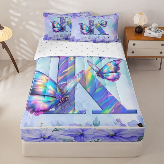 Homewish Purple Butterfly Zipper Twin Comforter Sets with Fitted Sheet and 2 Pillowcases For Girls,Garden Flower Floral Zipper Bedding Set,Letter K,Reversible,4-Piece