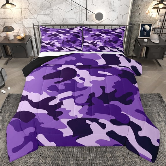 Homewish Purple Camo Bedding Comforter Set 2pcs for Boys Girls,Abstract Camouflage Twin Comforter Sets Microfiber,Geometric Theme Breathable Bedding Set,Lightweight Room Decor,Reversible