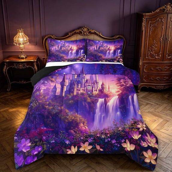 Homewish Purple Castle Queen Comforter Set, Dreamy Floral Flower Comforter Sets Queen for Girls, Black Reversible 3 Pieces, 1 Comforter and 2 Pillowcases