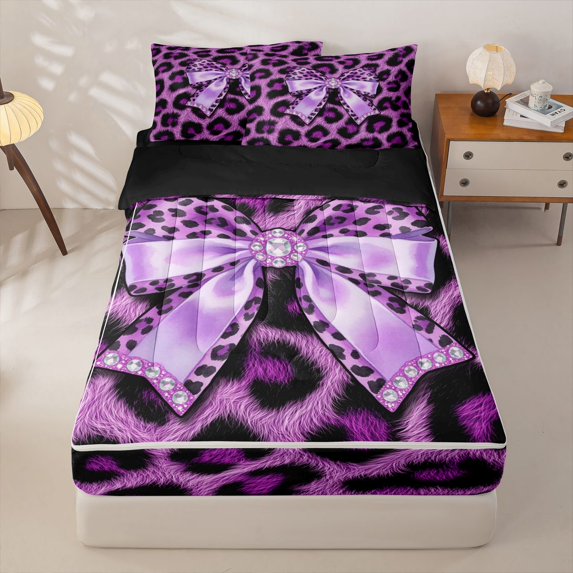 Homewish Purple Cheetah Pattern Zipper Twin Comforter Sets with Fitted Sheet and 2 Pillowcases For Kids,Cute Bow Zipper Bedding Set For Girls,Black Reversible,4-Piece