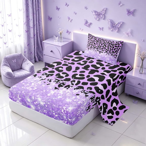 Homewish Purple Cheetah Print Twin Sheets for Girls, Princess Glitters Printed Bedding, 3 Pieces (1 Flat Sheet, 1 Fitted Sheet and 1 Pillowcase)