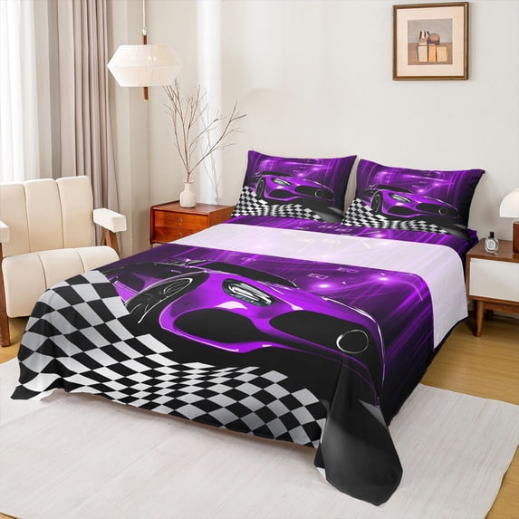 Homewish Purple Chic Automobile Queen Sheet Sets, Modern Checkered Flag Flat Sheet, Extreme Sports Lover Queen Fitted Sheet, Breathable Home Decor, 4pcs