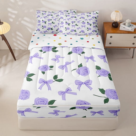 Homewish Purple Coquette Bowknot Girls Zipper Twin Comforter Sets with Fitted Sheet and 2 Pillowcases,Rustic Plant Flowers Zipper Bedding Set For Kids,Reversible,4-Piece