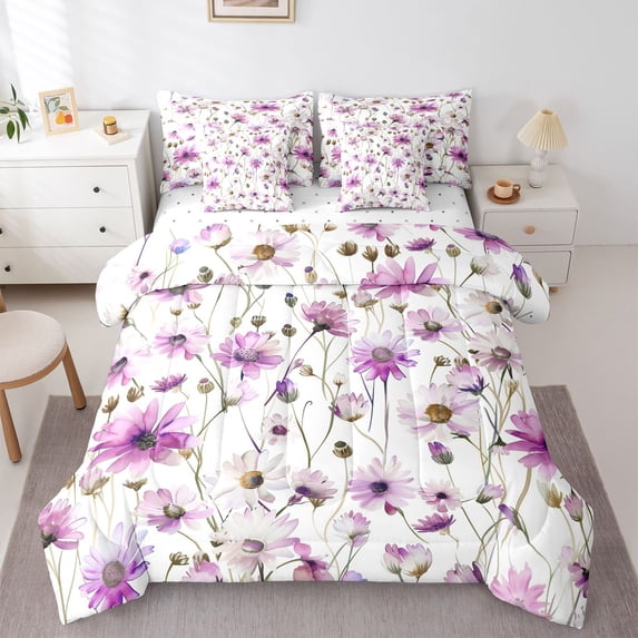 Homewish Purple Daisy Bedding Comforter Set 7 Pieces for Kids Children Teens,Spring Garden Full Bedding Set Lightweight,Chic Flowers Fitted Sheet Flat Sheet,Microfiber Bedroom Decor,Reversible