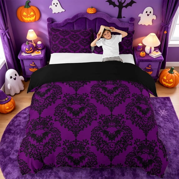 Homewish Purple Damask Flower Duvet Cover Queen,Vintage Halloween Bat Queen Bedding,Purple Black,Black Reversible,3-Piece,1 Duvet Cover and 2 Pillowcases