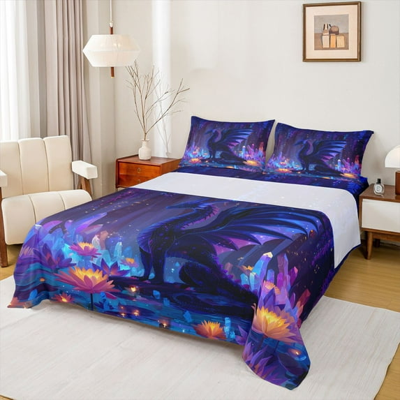 Homewish Purple Dragon Twin Sheet Sets,Lotus Leaf Twin Fitted Sheet,Cartoon Animal Flat Sheet For Kids,Super Cozy Room Decor,3 Pieces