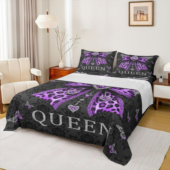 Homewish Purple Fashion Bowknot Queen Sheet Sets for Kids, Hippie Bohemian Damask Flat Sheet, Vintage Style Queen Fitted Sheet, Ultra Soft Bedroom Decor, 4pcs