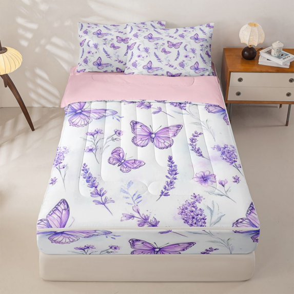 Homewish Purple Floral Lavender Zipper Twin Comforter Sets with Fitted Sheet and 2 Pillowcases,Cute Butterfly Flying Animals Zipper Bedding Set For Girly,Reversible,4 Pieces