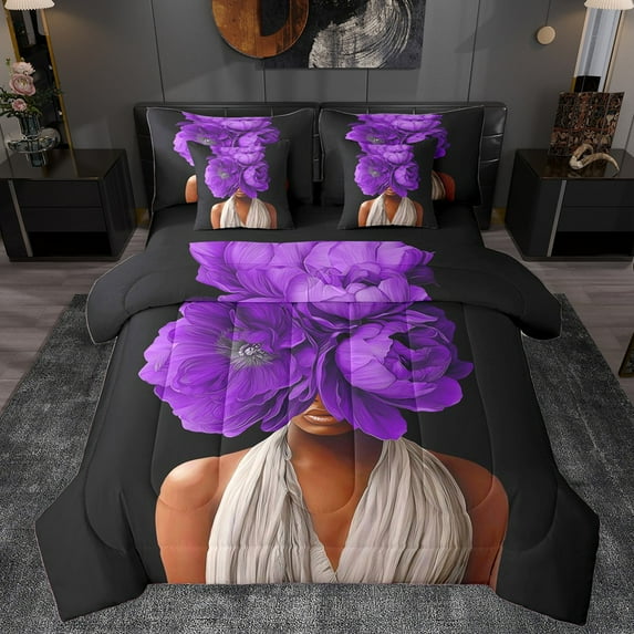 Homewish Purple Flower 7pcs Bedding Comforter Set For Teens Female,Black Girl Queen Bedding Sets Super Cozy,Dreamy Princess Queen Sheet Sets,Ultra Soft Home Decor,Reversible