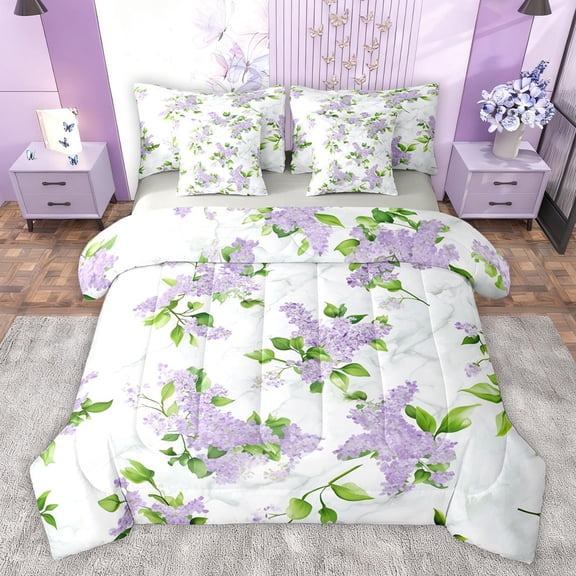 Homewish Purple Flower Floral Bedding Comforter Set 7pcs for Women, Chic Marbling Abstract King Bedding Sets, Modern Fashion Reversible Bed Sheets, Lightweight Room Decor