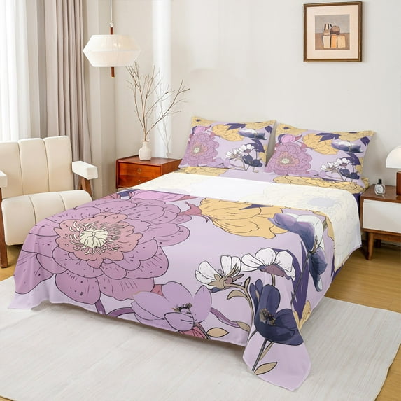 Homewish Purple Flowers 3pcs Twin Sheet Sets For Teens Female Girls,Spring Garden Twin Fitted Sheet,Exotic Style Floral Breathable Flat Sheet,Lightweight Room Decor