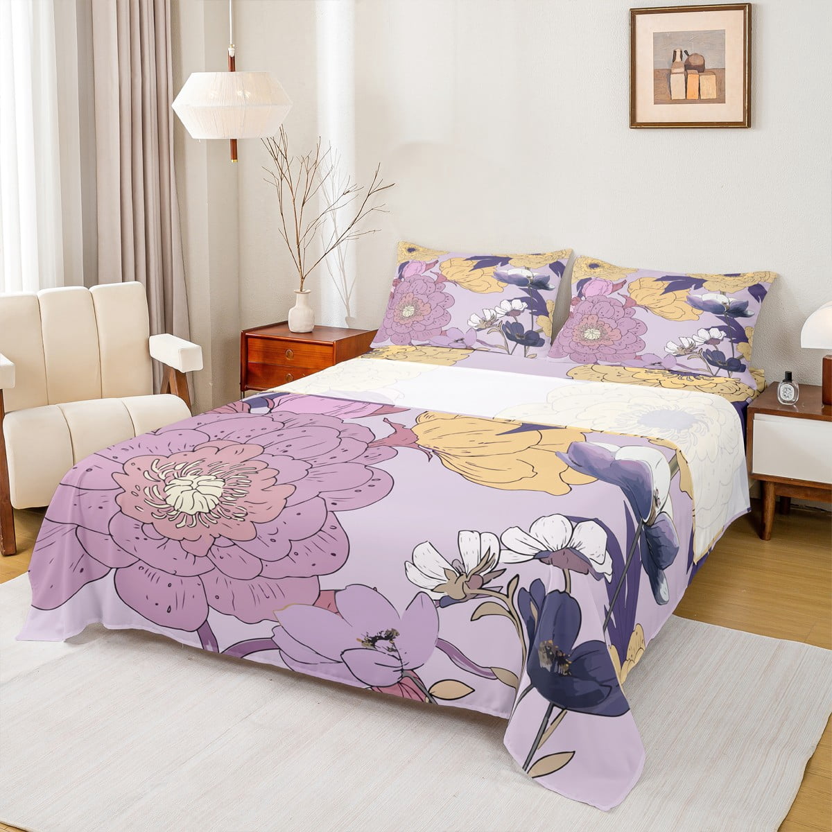 Homewish Purple Flowers 4pcs Bed Sheets For Teens Female Girls,Spring