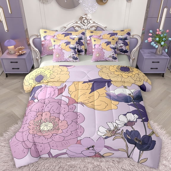 Homewish Purple Flowers 7-Piece Twin Bedding Sets For Teens Female Girls,Spring Garden Bedding Comforter Set,Exotic Style Floral Breathable Sheet Sets,Lightweight Room Decor,Reversible