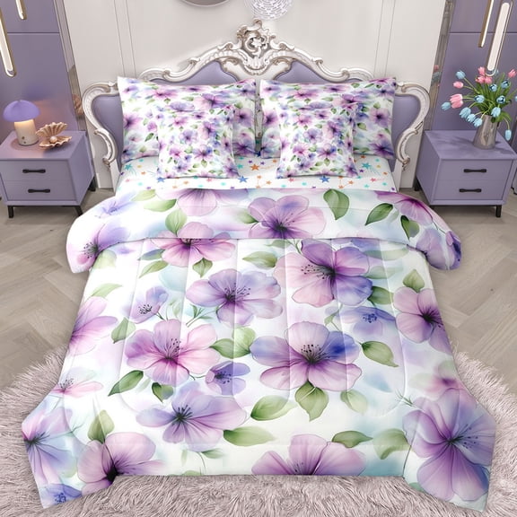 Homewish Purple Flowers 7-Piece Queen Bedding Set - Spring Garden Blossoms