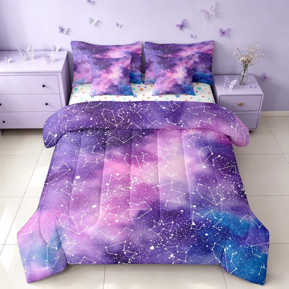 Homewish Purple Galaxy Twin Bedding, Cosmos Astrology Bedding Comforter Set, Colorful Stars Reversible, 7 Pieces