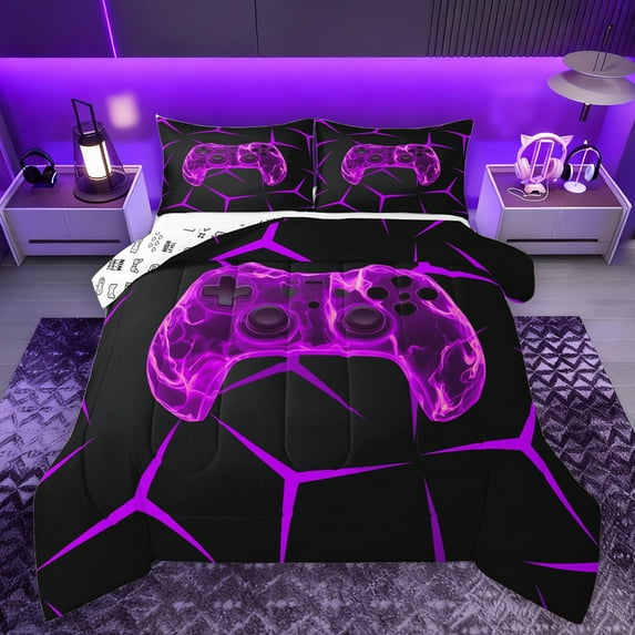 Homewish Purple Gamepad Controller Full Size Comforter Sets,Geometric Hockeycomb Hexagon Bedding Comforter Set,Modern Video Game Bedding Sets For Teens,Ultra Soft Home Decor Reversible,3pcs
