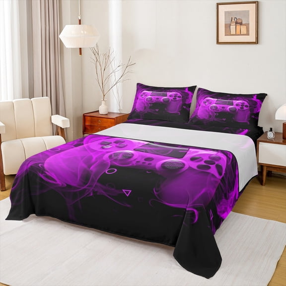 Homewish Purple Gamepads Full Size Sheets 4-Piece for Kids Children Boys,Game Controller Breathable Bed Sheets,Video Game Lightweight Sheet Sets,Super Cozy Room Decor