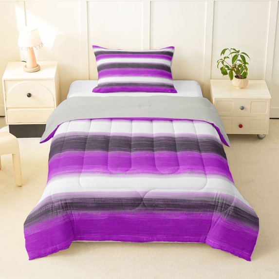 Homewish Purple Geometric Lines Twin Comforter Sets,Contemporary Art Bedding Set,Light Gray Reversible,2 Pieces,1 Comforter and 1 Pillowcase