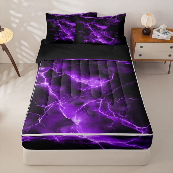 Homewish Purple Glowing Lightning Zipper Twin Comforter Sets with Fitted Sheet and 2 Pillowcases,Abstract Geometric Zipper Bedding Set,Black Reversible,4pcs