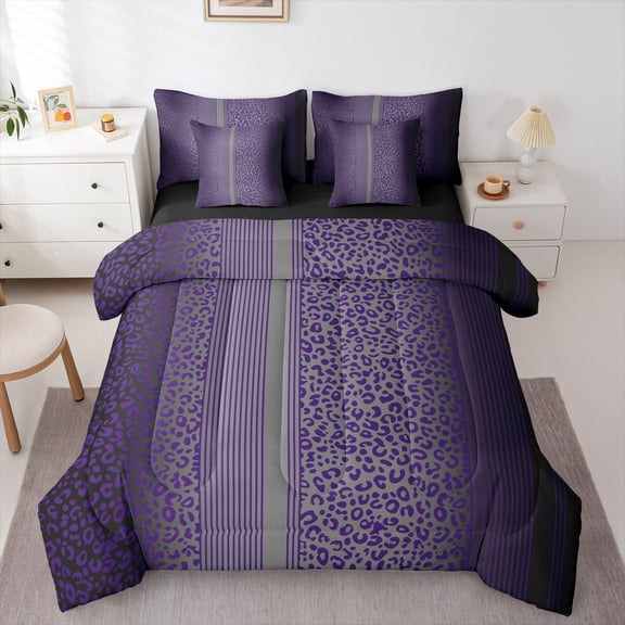 Homewish Purple Gray Black 7-Piece Bedding Comforter Set,Jungle Animal Print King Bedding Sets,Cheetah Leopard Pattern Bed Sheets For Teens,Microfiber Bedroom Decor Reversible