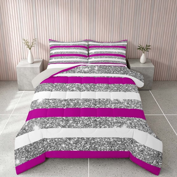 Homewish Purple Gray Stripe Queen Comforter Set, Silver Glitter Sequin Print Comforter Sets Queen, Gray Reversible, 3-Piece 1 Comforter and 2 Pillowcases