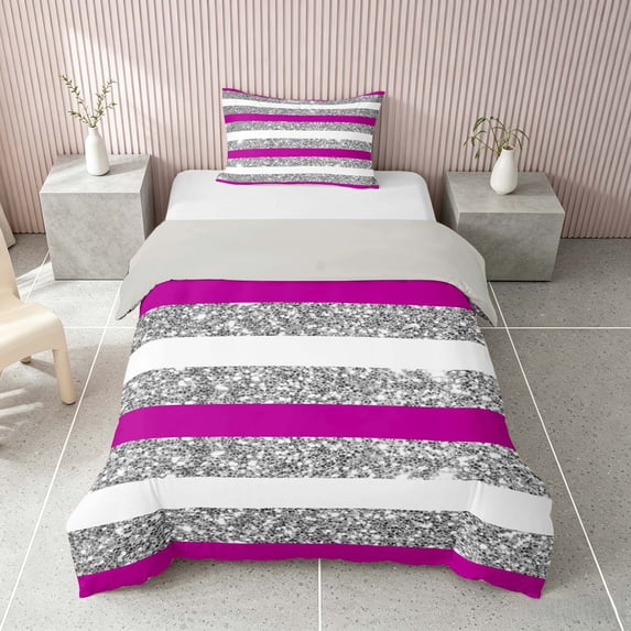 Homewish Purple Gray Stripe Twin Duvet Cover, Silver Glitter Sequin Print Twin Bedding, Gray Reversible, 2pcs 1 Duvet Cover and 1 Pillowcase