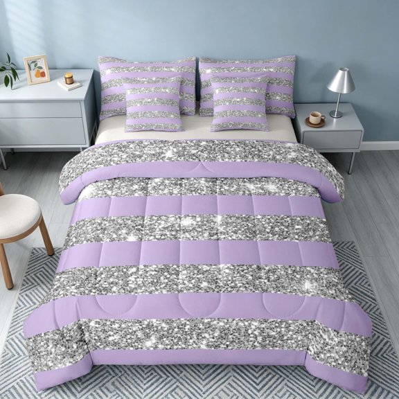 Homewish Purple Gray Stripes Twin Bedding for Girls, Psychedelic Stars Bedding Comforter Set, Gray Reversible, 7-Piece