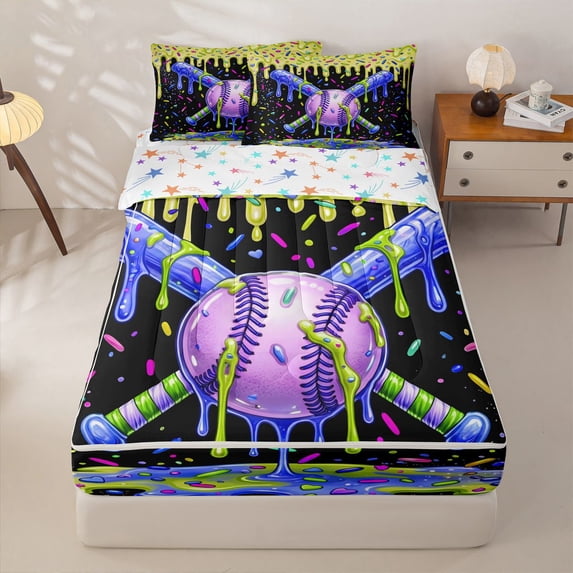 Homewish Purple Green Drippy Baseball Bat Print Zipper Full Size Comforter Sets with Fitted Sheet and 2 Pillowcases,Bold Sports Zipper Bedding Set For Kids Boys And Girls,Reversible,4 Pieces