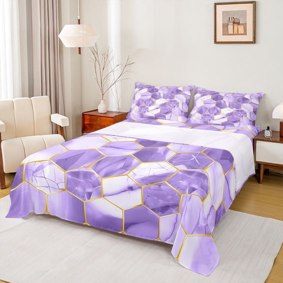 Homewish Purple Hexagon Twin Sheet Sets 3pcs for Female Men Adults,Abstract Geometric Honeycomb Twin Fitted Sheet Microfiber,Gradient Marbling Watercolor Breathable Flat Sheet,Ultra Soft Home Decor