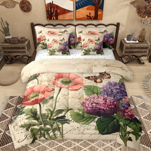 Homewish Purple Hydrangea 7-Piece Bedding Comforter Set,Country Floral King Bedding Sets,Rustic Botanical Bed Sheets For Girl Teens,Luxury Bedroom Decor Reversible