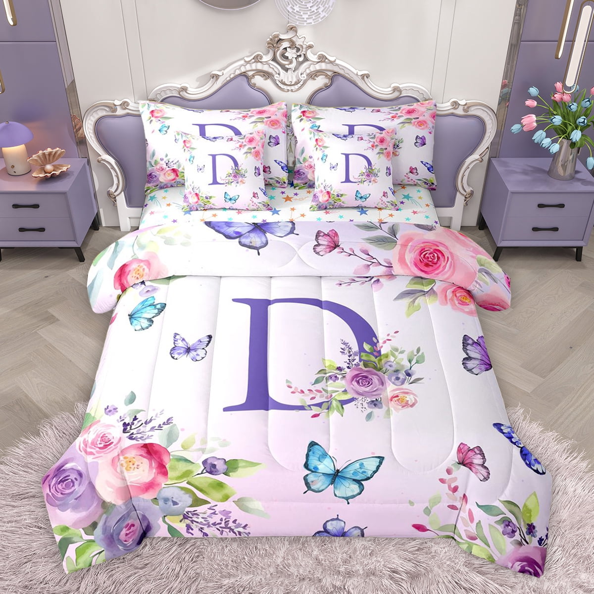 Homewish Purple Initial D Letter Bedding Comforter Set 7pcs, Watercolor ...